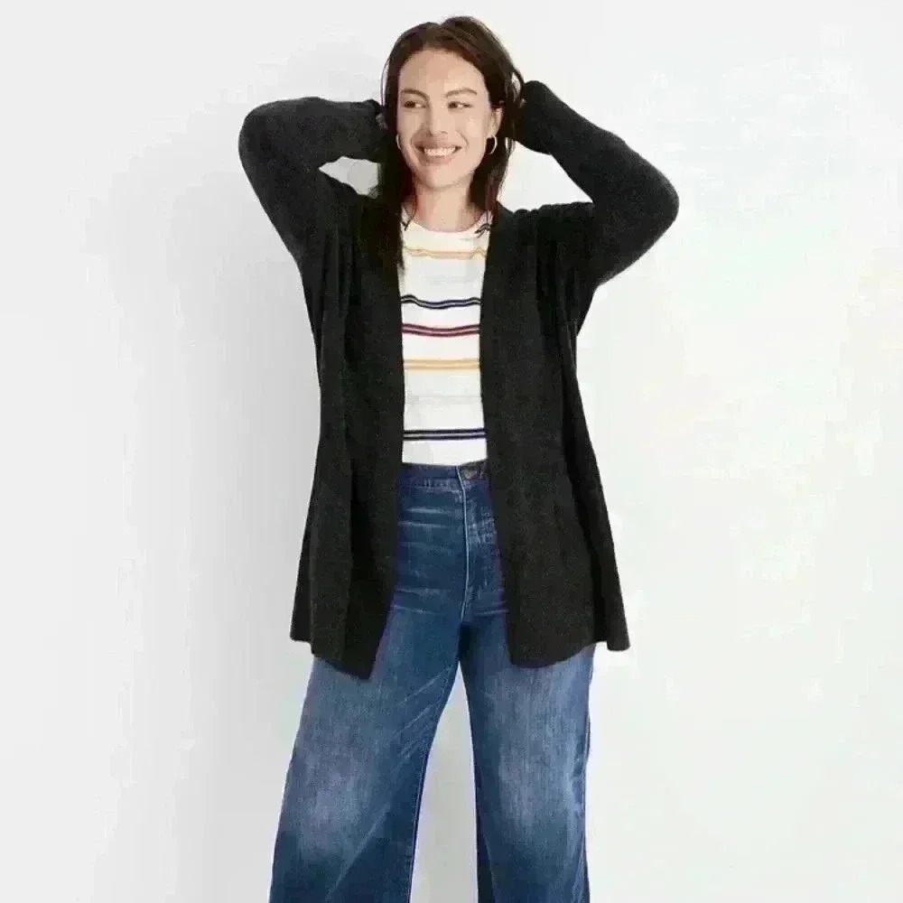 Madewell Donegal Kent Open Front Cardigan Sweater in Coziest Yarn Black Size S